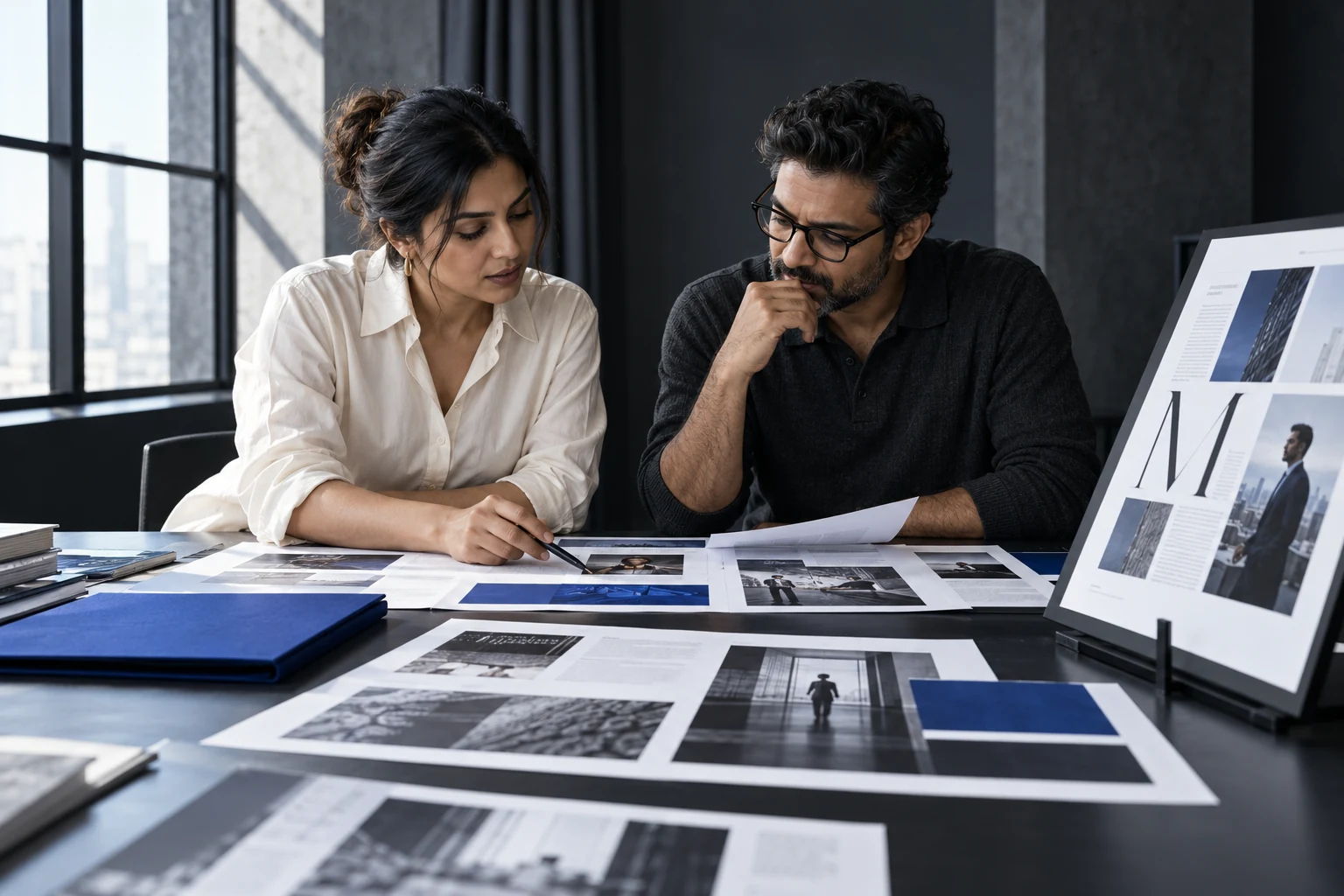 Illustrative agency team refining a business media campaign together