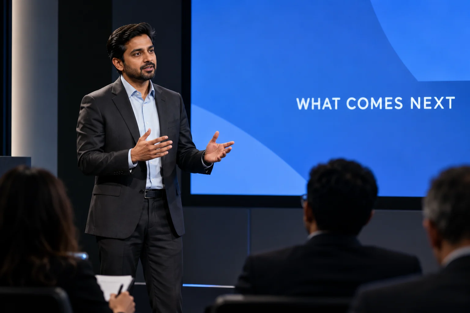 Illustrative founder presenting a business announcement