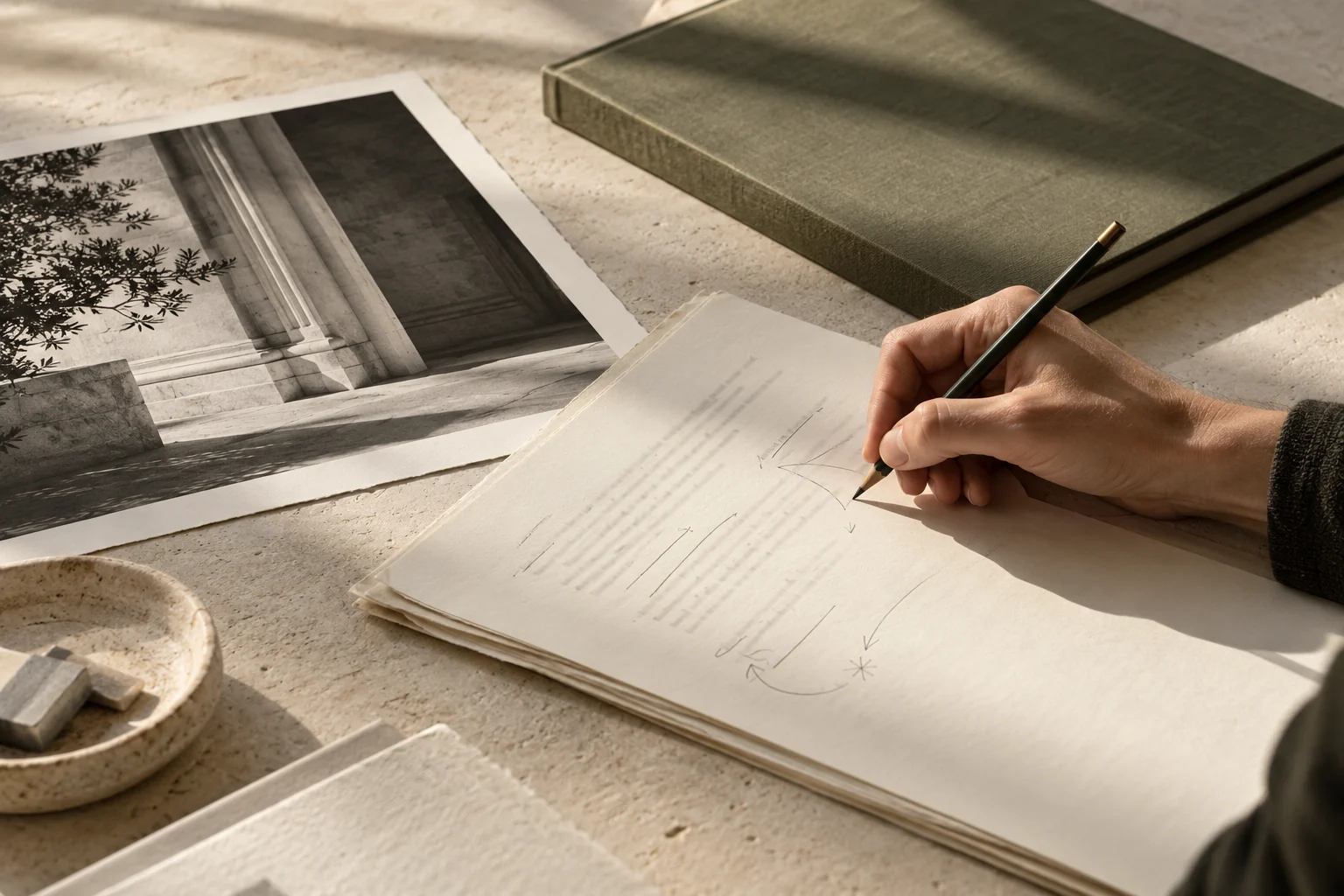 Original illustrative close-up of a hand refining a business manuscript beside a photograph and olive portfolio