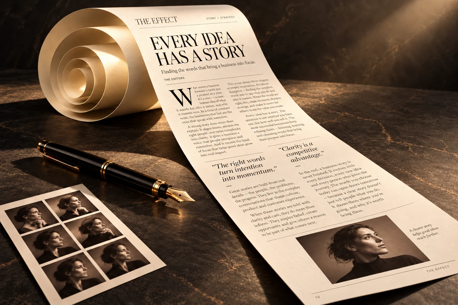 An editorial manuscript unfurls beside a fountain pen and portrait proofs