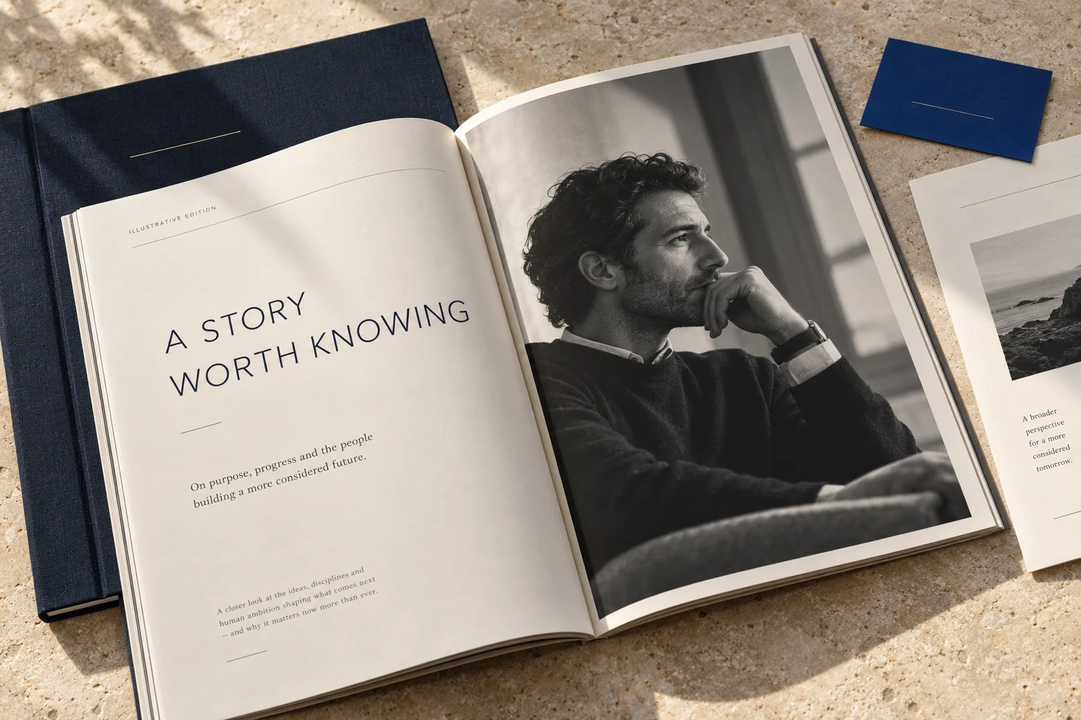 Illustrative business editorial folio with a founder portrait, ivory pages and a navy publication folder