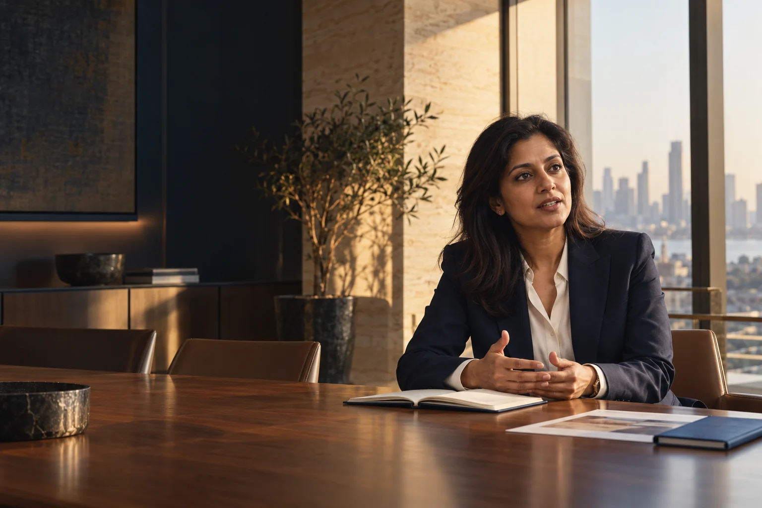 Original illustrative founder conversation, photographed in warm natural light