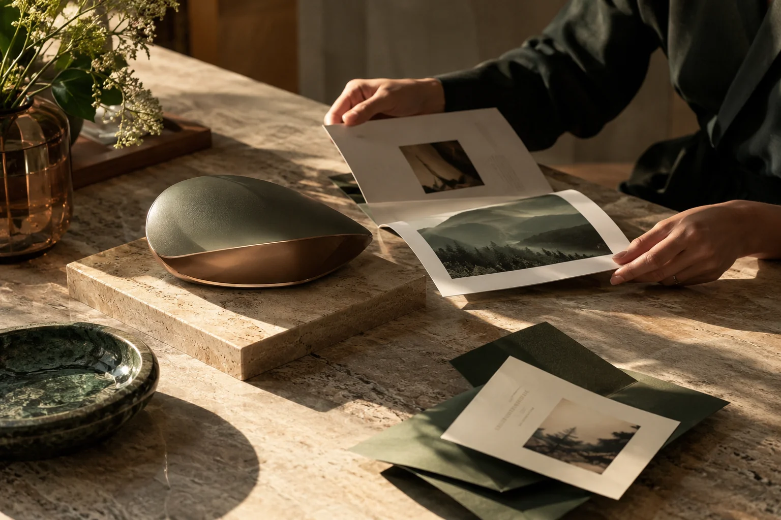 A product launch editorial still life: an unbranded sculptural device, a printed announcement booklet and a folded invitation on warm stone