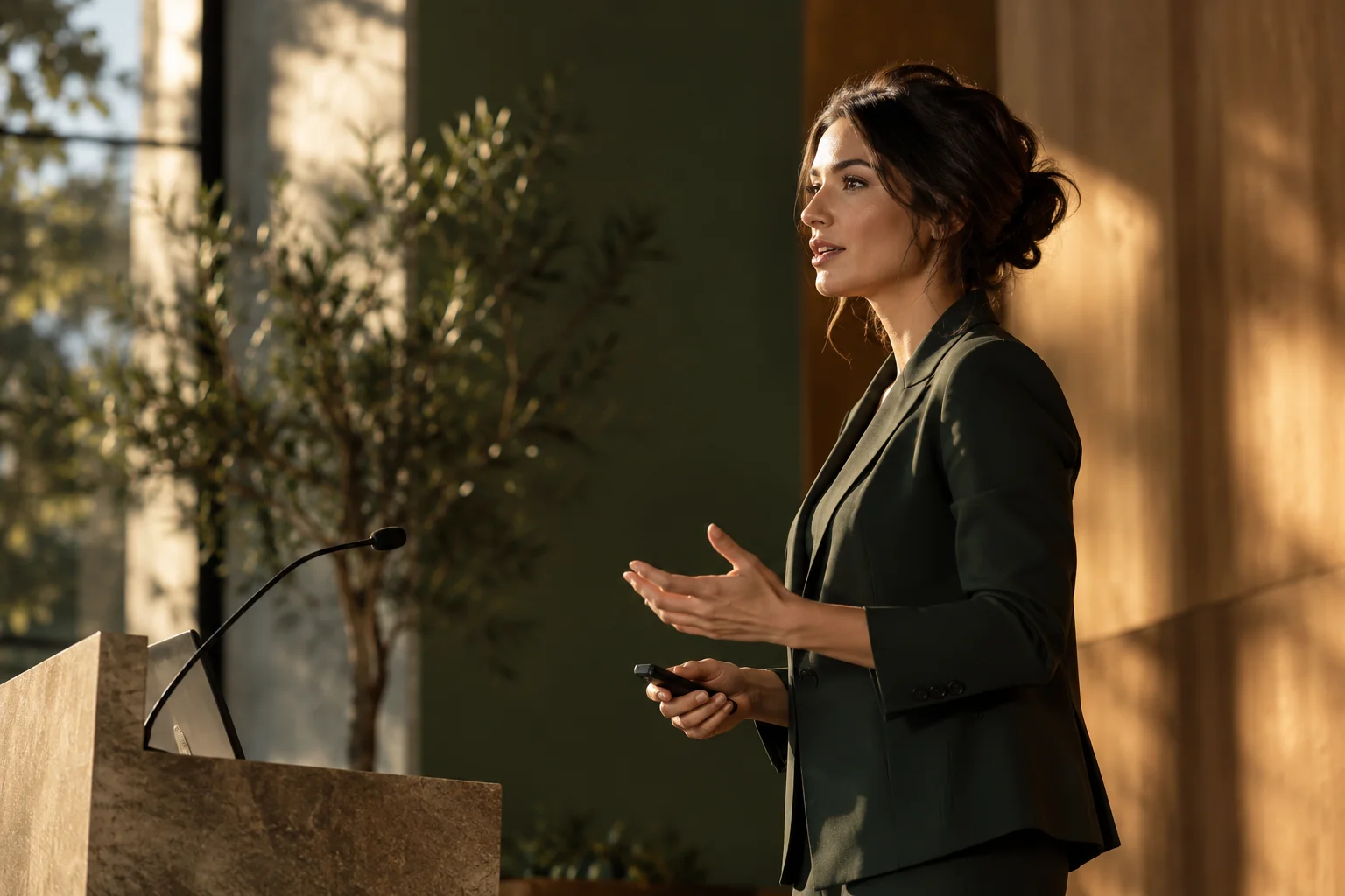 A keynote speaker in profile against a warm architectural wall and olive backdrop, understated professional announcement