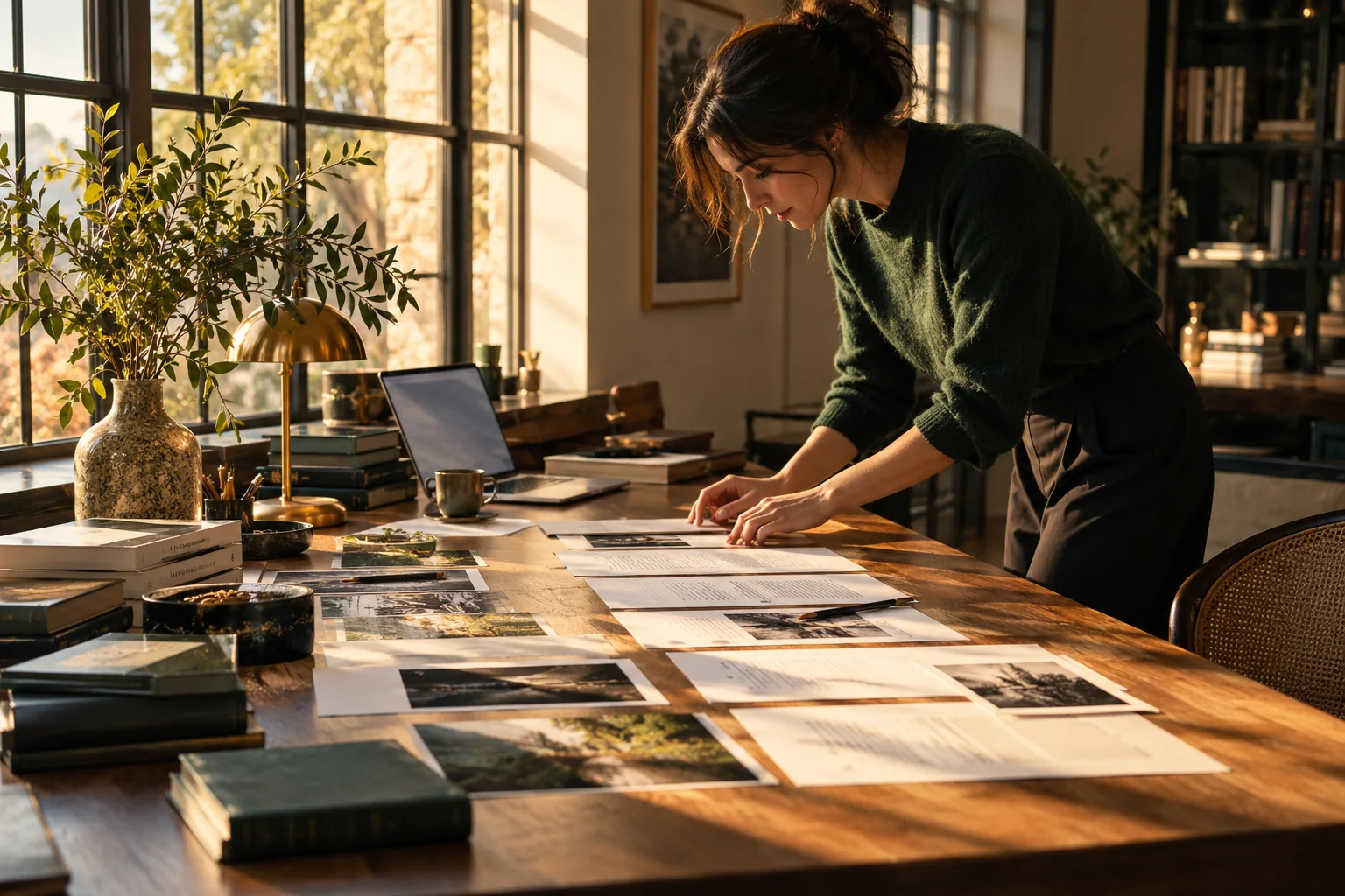 A paper narrative flowing across a long editorial desk, flat manuscript sheets arranged in sequence beside a pencil and photographs, no floating surreal paper