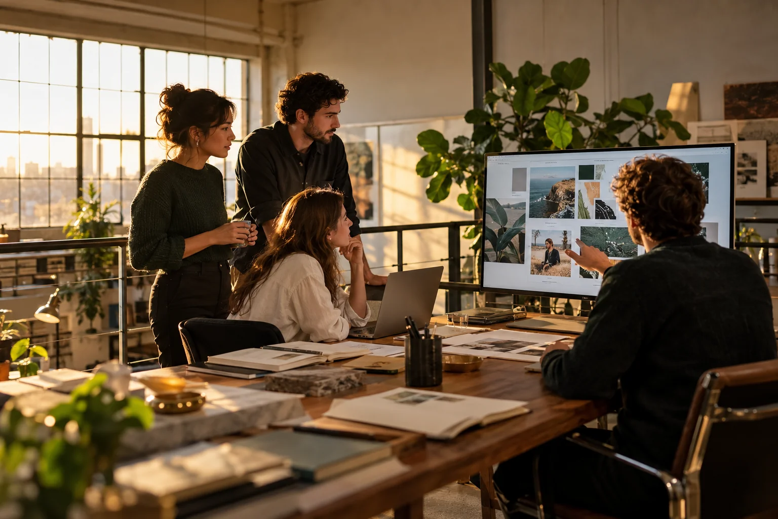 A small agency team in a mezzanine studio reviewing the final campaign on a screen, candid wide environmental photograph