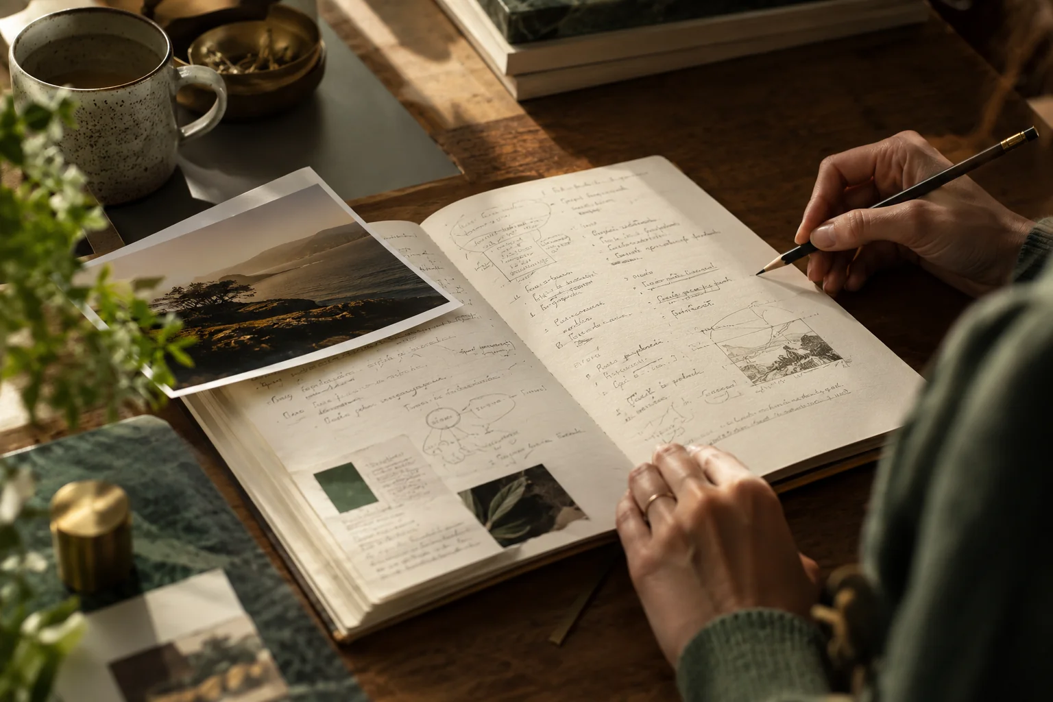 A hand-written-style campaign planning notebook with unreadable small marks, a pencil and a single image proof, macro warm light