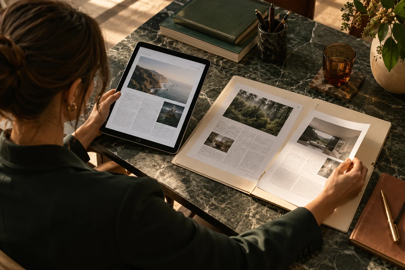 A reader reviewing a business feature on a tablet while organizing two paper clippings in a cream portfolio, view from above the shoulder