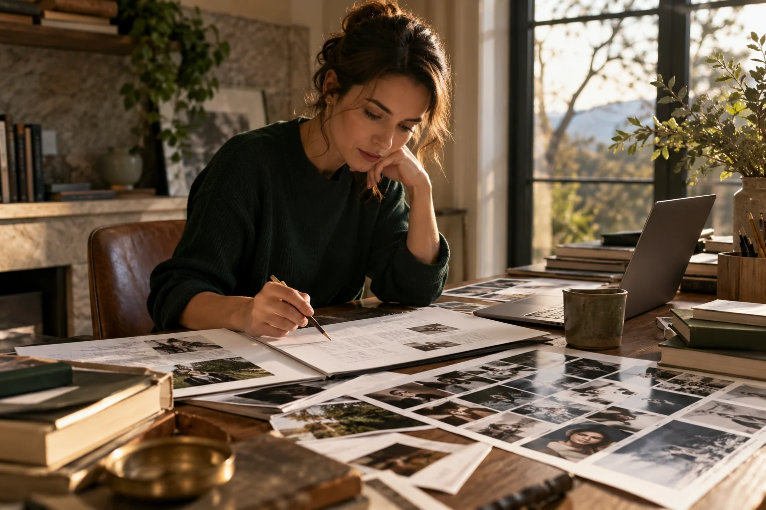An editor finding the story angle, pencil hovering over a feature outline beside a photographic portrait contact sheet