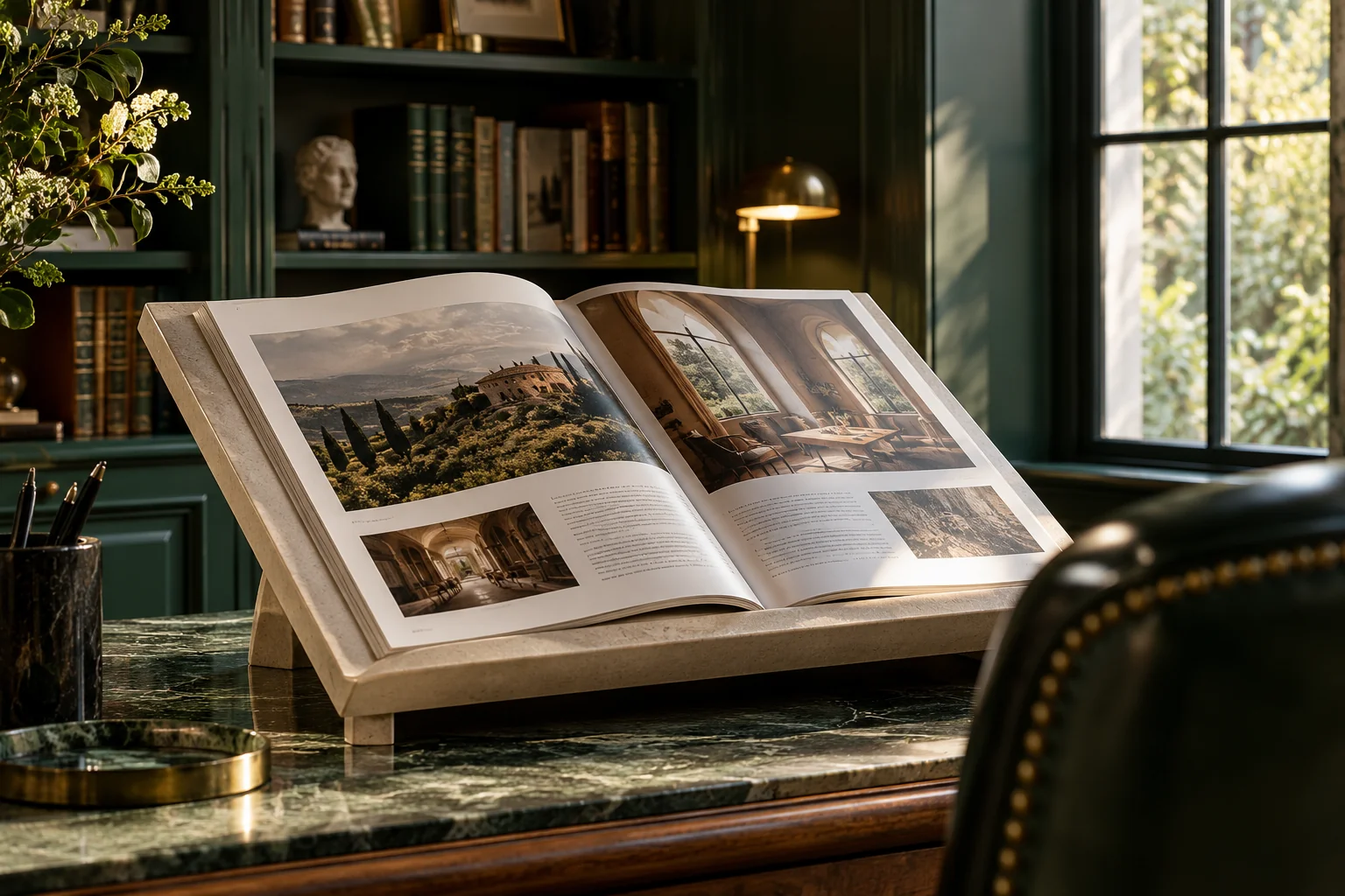 A luxurious open business magazine on an ivory reading stand in a forest-green library, oblique camera at page level