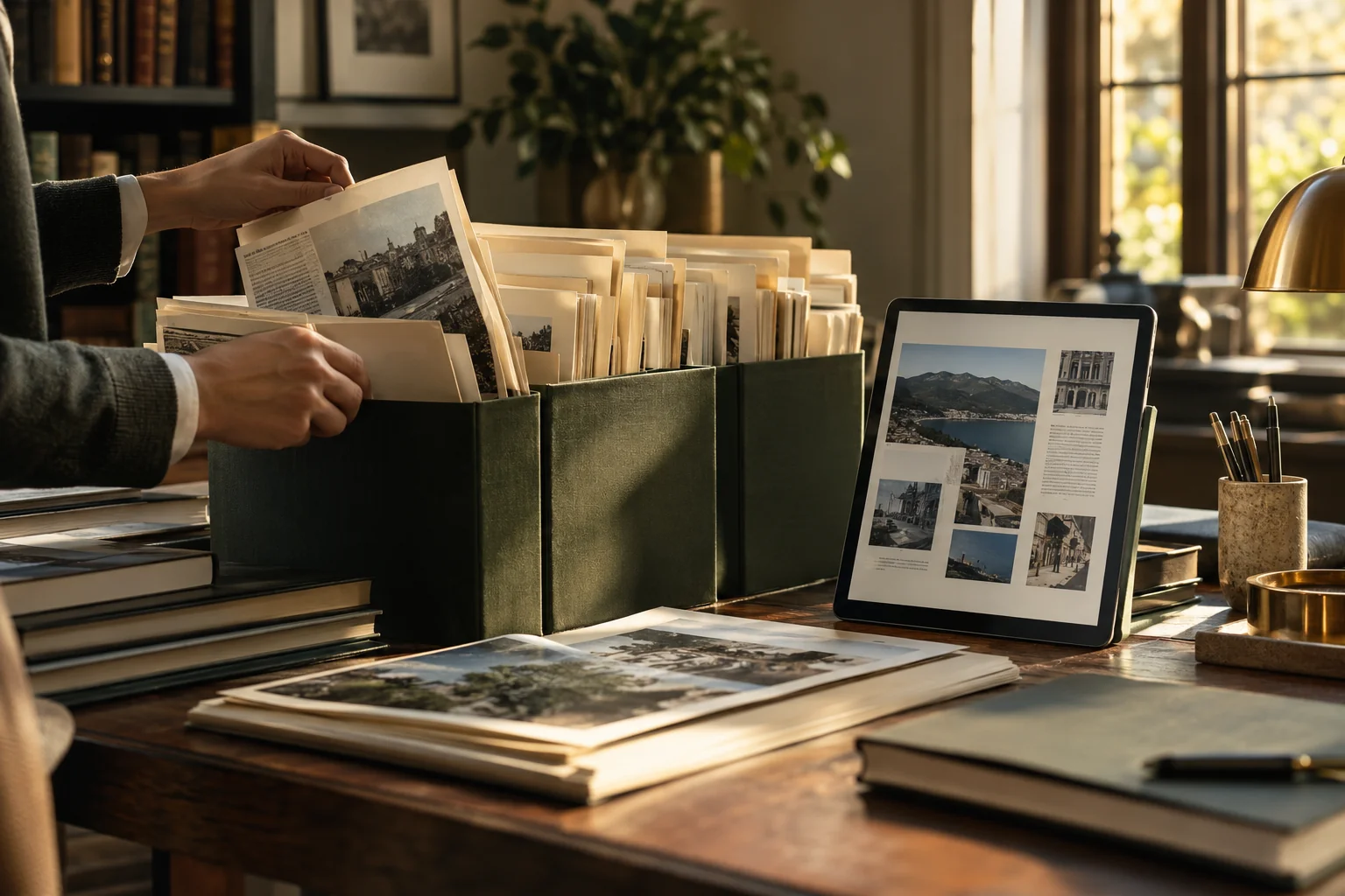 A neat archive of publication clippings in cream folders beside an upright tablet, tactile evidence record