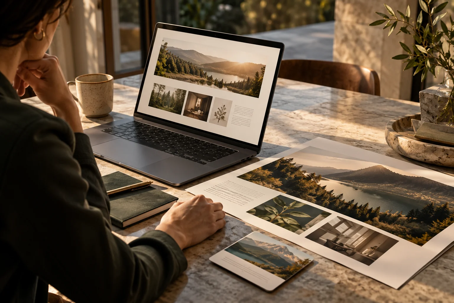 A brand story across three media: an elegant laptop website, a business presentation print and a small social card, landscape still life