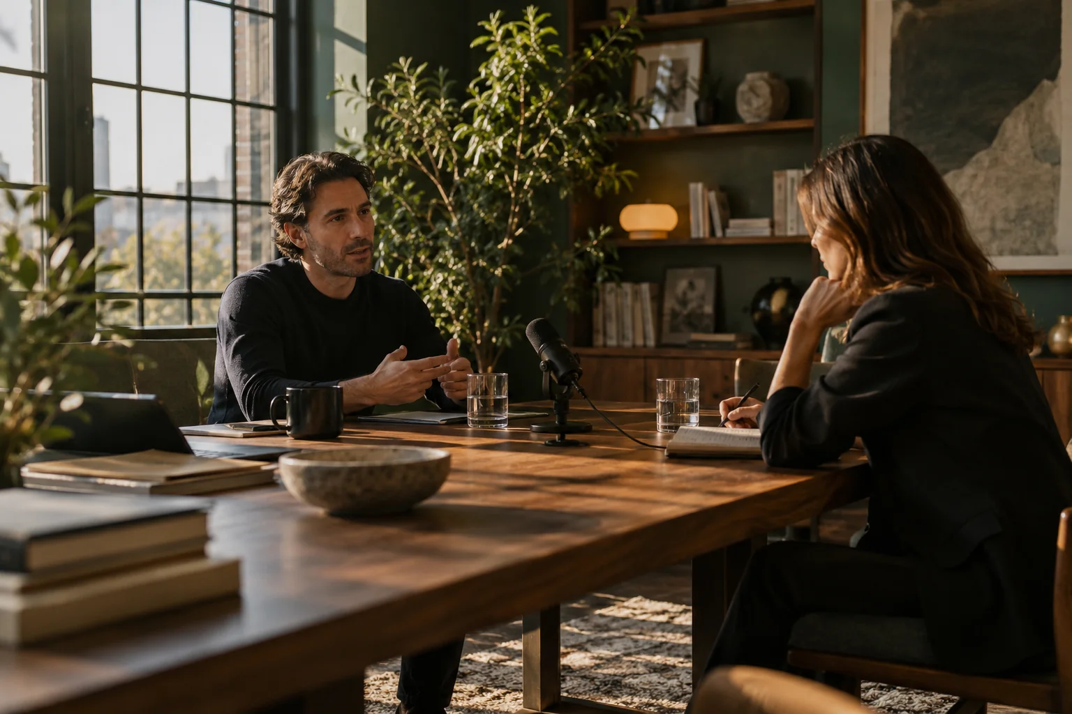 A founder speaking thoughtfully to a journalist in a refined studio with a subtle recording microphone on a walnut table, wider environmental composition