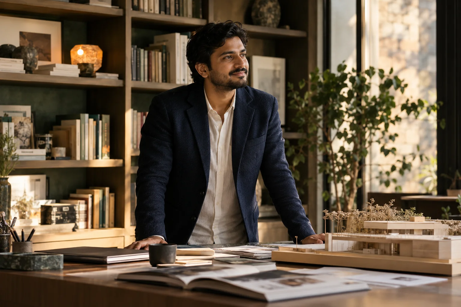 Natural portrait of an Indian male founder in a navy unstructured jacket beside architectural bookshelves and a small business prototype