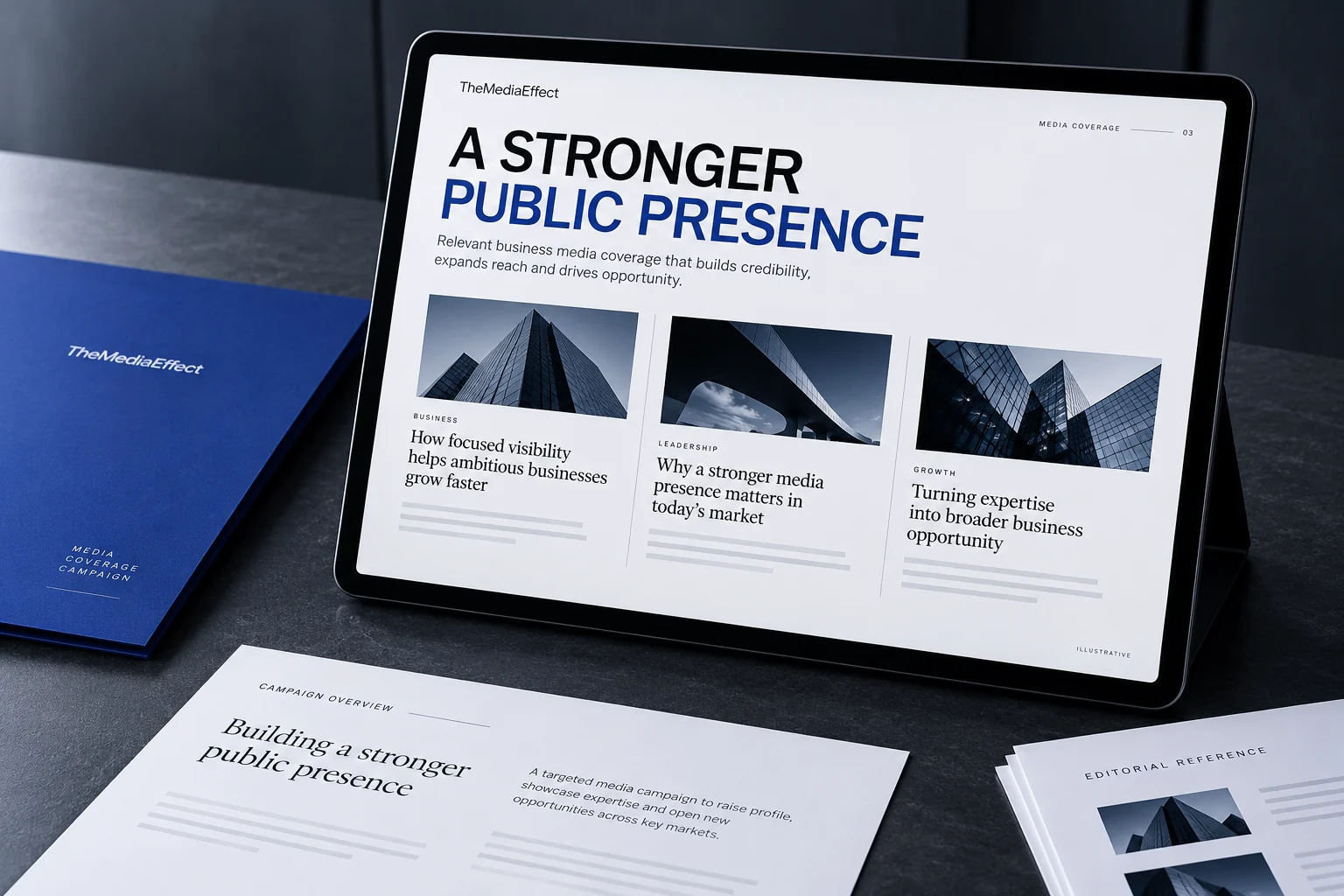 Illustrative business presentation with a structured media coverage overview
