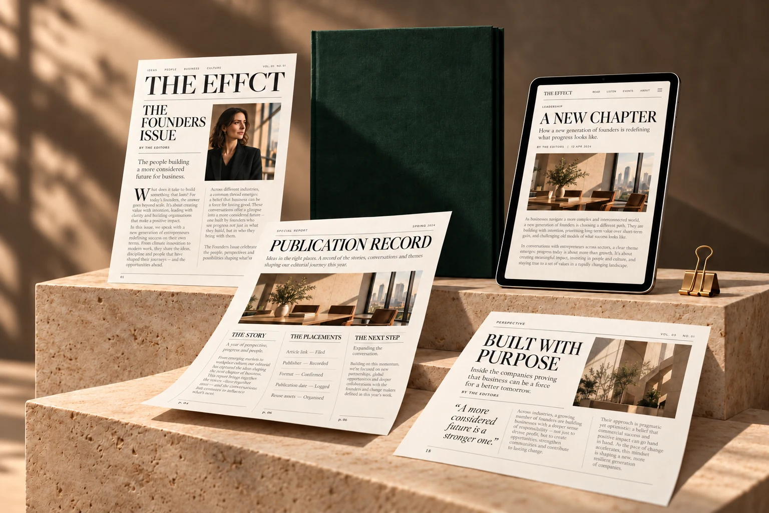 Magazine features, a publication record and the digital article arranged together