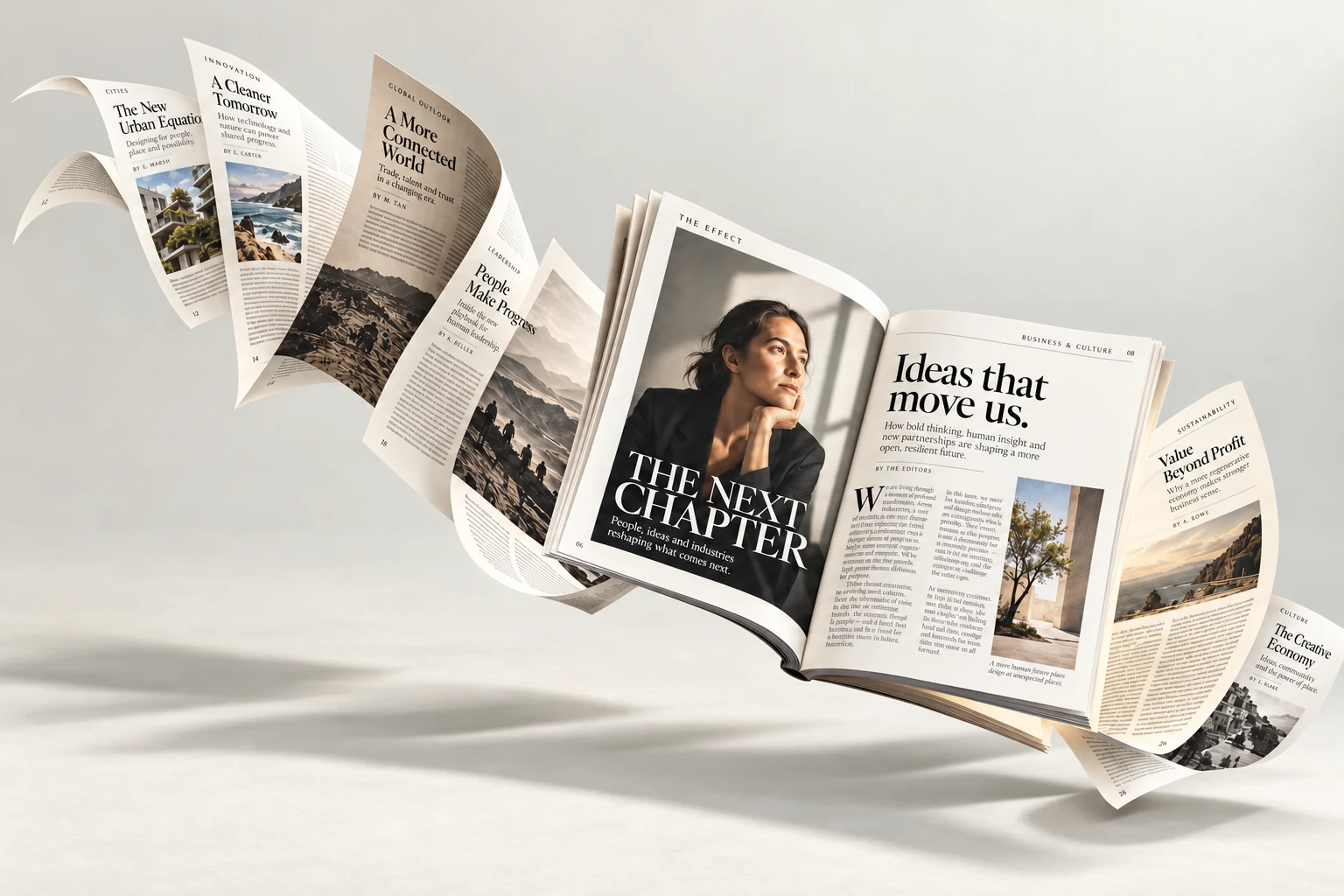 Open business magazine surrounded by sculptural turning editorial pages