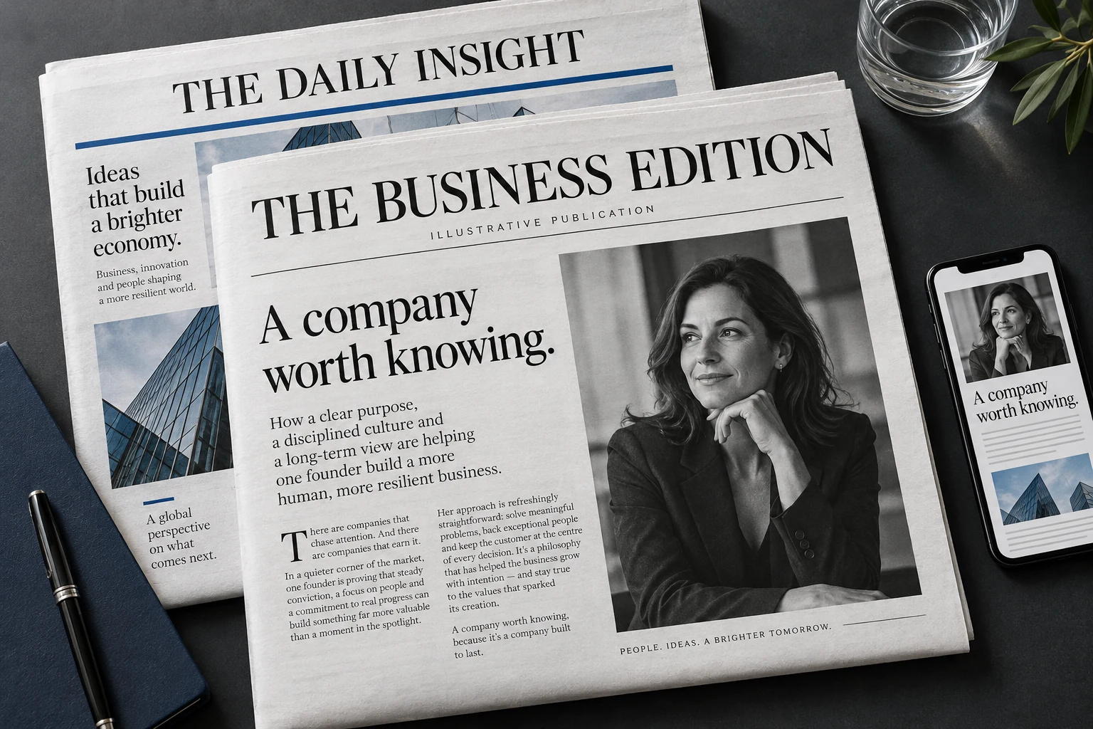 Illustrative business article presented in editorial and digital formats